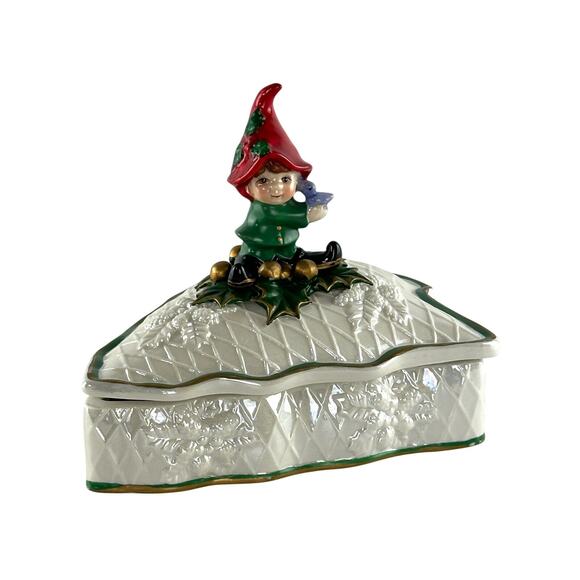 Vintage Hand Painted Cracker Barrel Christmas Tree Candy Trinket Dish With Pixie - Picture 16 of 16
